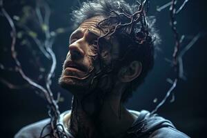 Generative AI, man with cordyceps growing on and out of his face and head, zombie photo