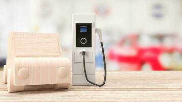 Ev station and wood car  on Table for Technology concept 3d rendering photo