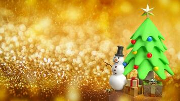 el monigote de nieve y Navidad árbol para famosos o fiesta concepto 3d representación. foto
