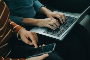 Close up of woman hand using credit card and laptop for payment and online shopping, Online shopping, payments digital banking, E-commerce concept. photo