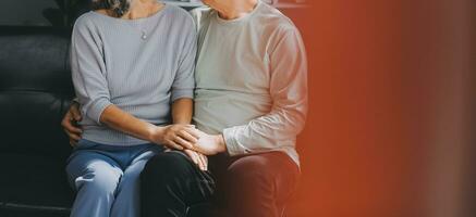 Happy mature couple using laptop at home photo