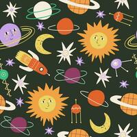 Seamless pattern with space elements in flat style. Sun, moon, planets, rocket. Vector illustration.