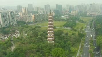 Chigang Pagoda in Guangzhou City. Guangdong China. Aerial View. Drone is Orbiting video