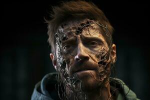 Generative AI, man with cordyceps growing on and out of his face and head, zombie photo