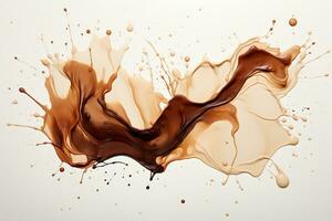 Texture of spilled coffee with cream with drops and smudges on a white background. Abstract background. Generated by artificial intelligence photo