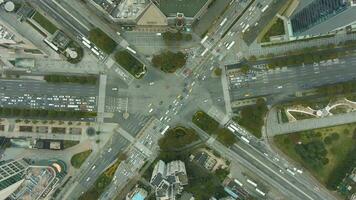 Complex Crossroads in Shanghai, China. Aerial Vertical Top-Down View. Drone Rotation video