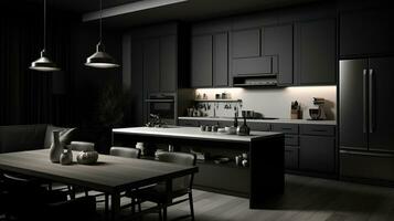 Black monochrome kitchen. Minimalism. photo