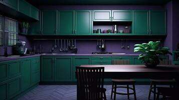 Kitchen, violet and dark green colors. Interior design photo