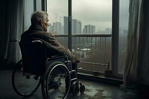 A man in a wheelchair sits against the window, lonely photo