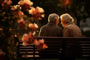 Elderly couple sitting on a bench in park, flowers all around, loneliness photo