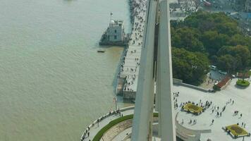 SHANGHAI, CHINA - MARCH 21, 2018 Monument to the People's Heroes and Bund Waterfront. Crowd of People. Aerial View. Drone is Orbiting. video