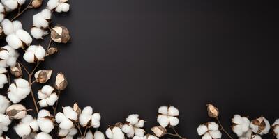 flat lay, cotton flowers on a dark background with space for text. delicate background, frame. AI generated photo