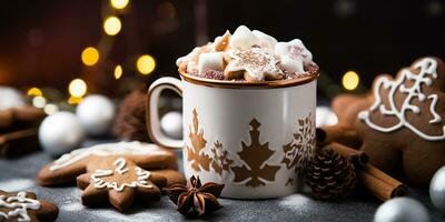 Christmas drink, hot chocolate with marshmallows, whipped cream and cookies. holiday image with hot drink, christmas decorations, AI generated photo