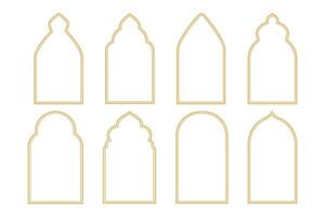 Set Islamic arch frame golden minimal line border isolated on white background. Boho gold muslim door, window decoration. Vector illustration