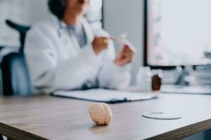 Female doctor holding virtual Lungs in hand. Handrawn human organ, copy space on right side, raw photo colors. Healthcare hospital service concept stock photo