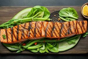 Grilled salmon fillet with fresh vegetables. AI Generative Pro Photo