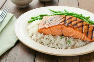 Grilled salmon with rice. AI Generative Pro Photo