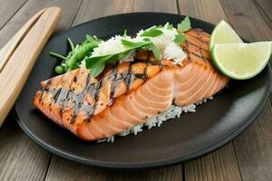 Grilled salmon with rice. AI Generative Pro Photo