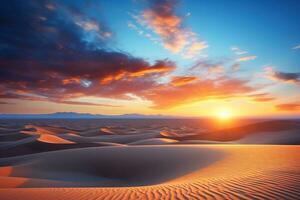 Sunset, dawn over sand dunes in the desert. Beautiful view of the desert. Generated by artificial intelligence photo