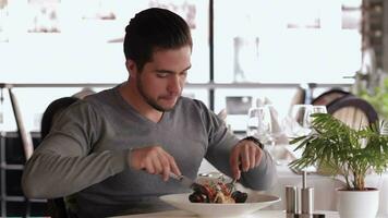 homem de negocios comer salada dentro uma restaurante video