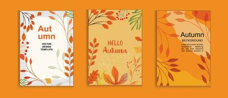 Set of trendy minimal autumn posters or covers with bright beautiful leaves and modern typography, sale banner, and flyer design. vector