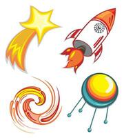 Space objects. Astronaut, rocket, planets, UFO, satellite vector