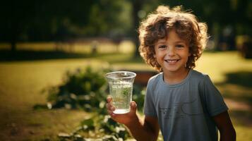 Portrait of smiling boy holding a glass of water in the park. photo