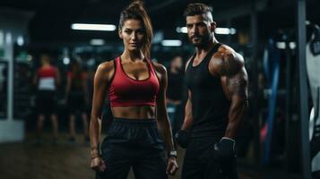 Portrait of a fit young man and woman working out in a gym. photo