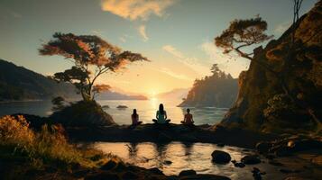 Yoga at sunset on the beach. 3d render illustration. photo