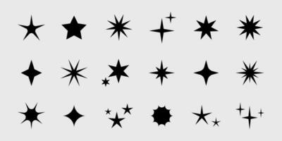 Vector retro set of futuristic sparkle star icons. Y2k abstract signs. Collection of star shapes. Abstract cool shine 70s 80s 90s design elements.