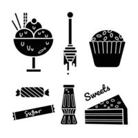 Sweet sugary foods from ice cream to candies vector icon set silhouette shadow collection isolated on square white background. Simple flat minimalist cartoon art styled drawing.