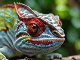 Zoom into the expressive eyes of a chameleon, revealing the emotions in extreme close-up photo