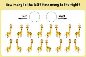 Logical game for children Left-right. Training sheet. Count how many giraffes are turned left and how many are right. Vector illustration