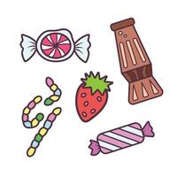 Colorful sweet candies sugary foods vector icon set colored collection isolated on square white background. Soda and strawberry shaped soft candy. Simple flat minimalist cartoon art styled drawing.