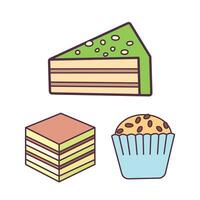 Sweet sliced matcha icing cake with peanut, pudding, and cup cake bakery. Colorful vector icon set collection isolated on square white background. Simple flat minimalist cartoon art styled drawing.