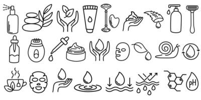 Skin care line icons set. Moisture cream, acid, anti wrinkle serum, ceramide, collagen, retinol compound, sunscreen. Outline signs for skincare products property. Editable Stroke. Vector illustration