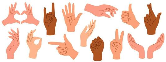 Set of hands in doodle style human arms. Vector different man woman hands showing peace sign, heart, thumbup isolated on the white background