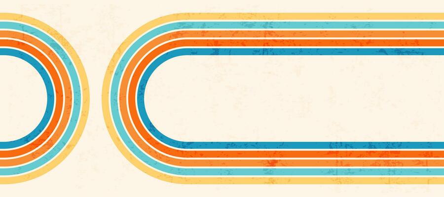 Retro colorful backdrop with bright stripes, groovy background with scuffed texture, old style abstract and empty banner. Vector illustration.