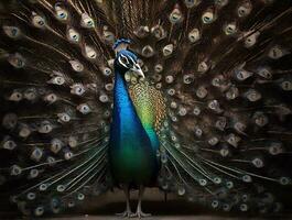 Convey the secrets of a mysterious peacock through the lens, capturing its fantasy-infused aura photo