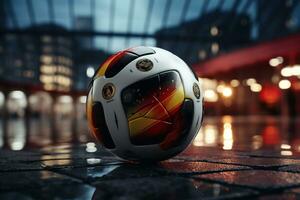 Close-up image of a soccer ball on the asphalt with a blurred background. World Cup concept. Created by artificial intelligence photo