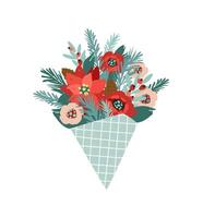 Christmas and Happy New Year isolated illustration with bouquet. Trendy retro style. Vector design template.