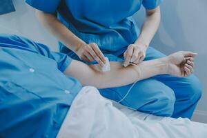 Women Asian doctors hold the patient hand and encourage and provide medical advice While checking the patient health in bed. Concept of Care and compassion, antenatal care, Threatened abortion photo