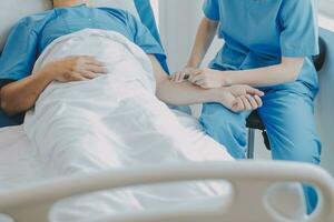 Women Asian doctors hold the patient hand and encourage and provide medical advice While checking the patient health in bed. Concept of Care and compassion, antenatal care, Threatened abortion photo