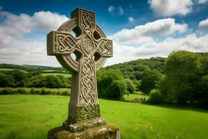 Celtic cross stone monument blue sky nature. Generate Ai photo
