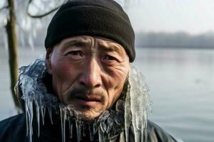 Icicles chinese man face. Generate Ai photo