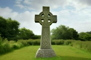 Celtic cross stone monument green field. Generate Ai photo