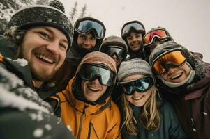 Selfie of people wearing ski equipment winter. Generate Ai photo