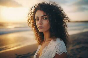 Brunette bride curly hair beach portrait pretty luxury. Generate Ai photo