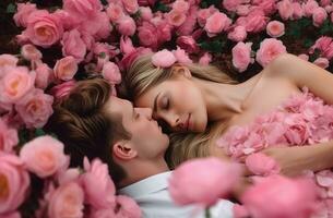 Couple romantic in roses flowers field spring adult. Generate Ai photo