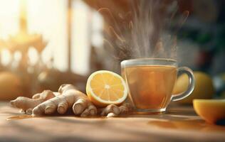 Ginger tea lemon honey hot cup. Generate Ai photo